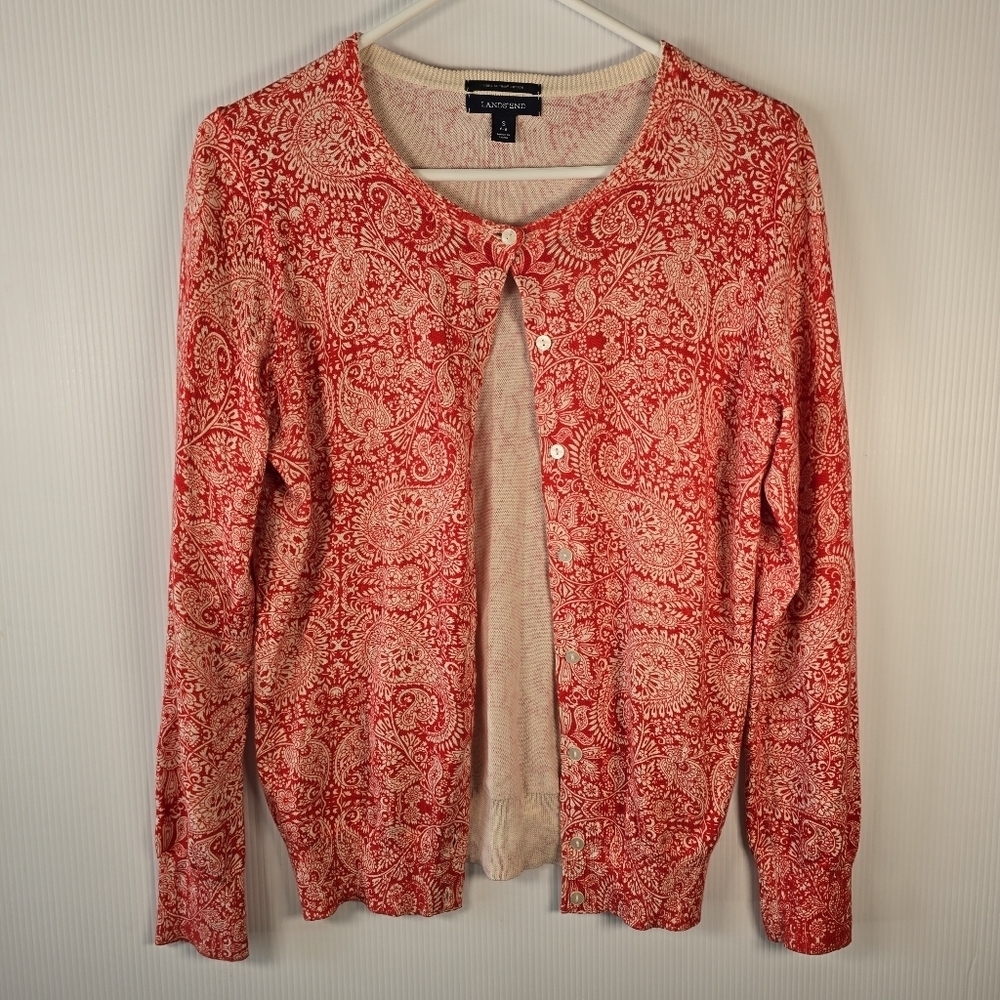 Lands' End Women's Red And Cream Button Down Long Sleeve Cardigan Size S 6-8